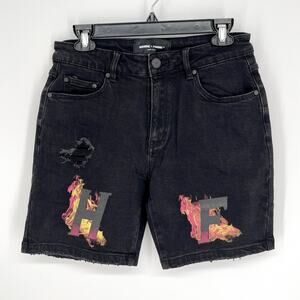 Homme + Femme NEW Distressed Flames Logo Jean Shorts Mens Sz 30 Black Stretch